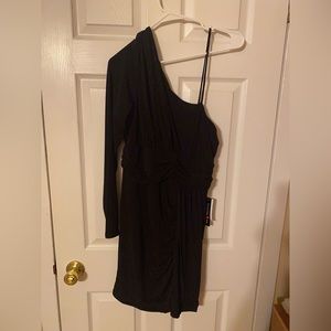 BRAND NEW WITH TAGS BLACK DRESS WITH ONE LONG SLEEVE AND ONE SPAGHETTI STRAP